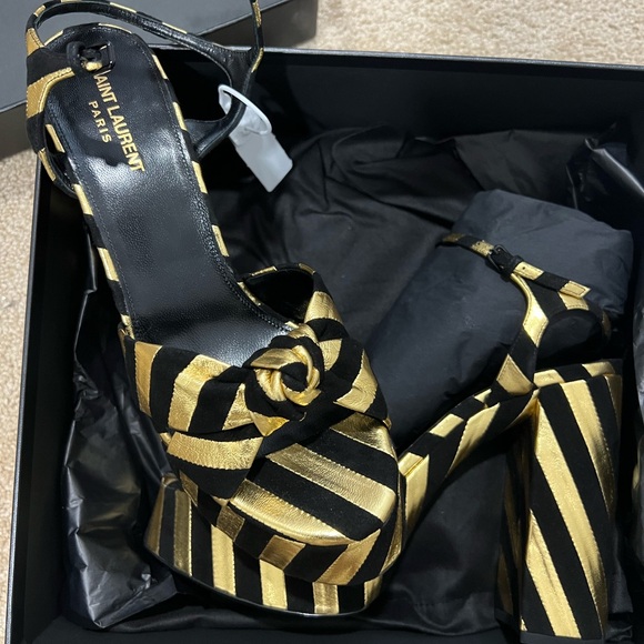 Saint Laurent Black and Gold Striped Platform Sandals - Picture 1 of 3